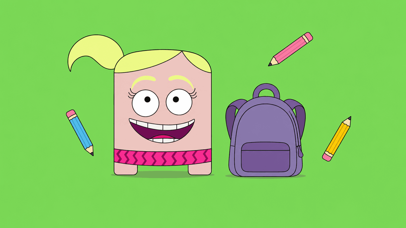T.Toys characters setting out on a school adventure with a backpack