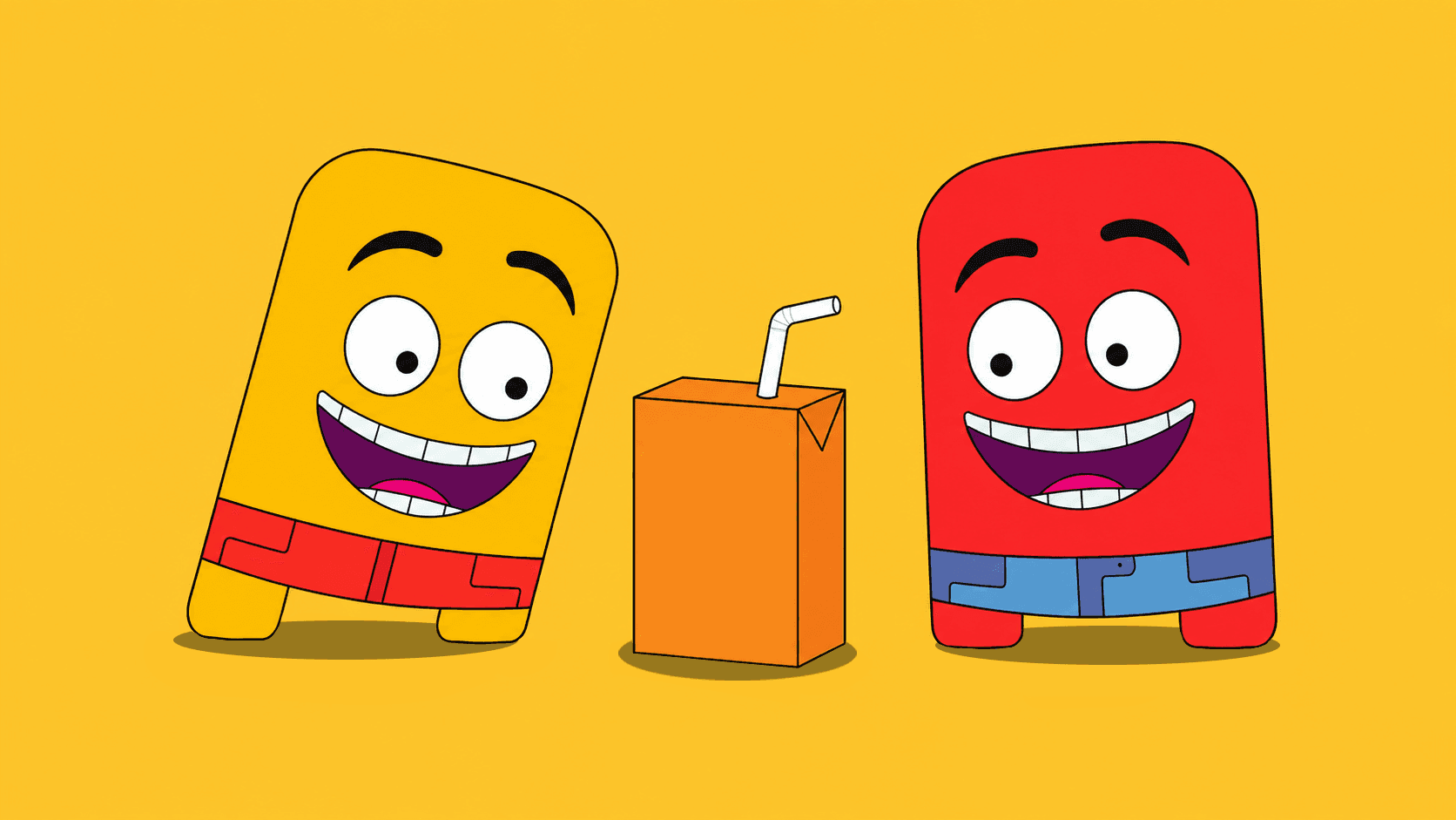 Two T.Toys characters discovering a juice box on a kitchen table